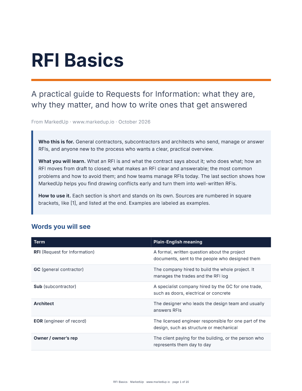 Cover of RFI Basics, a practical guide to requests for information from MarkedUp, October 2026.