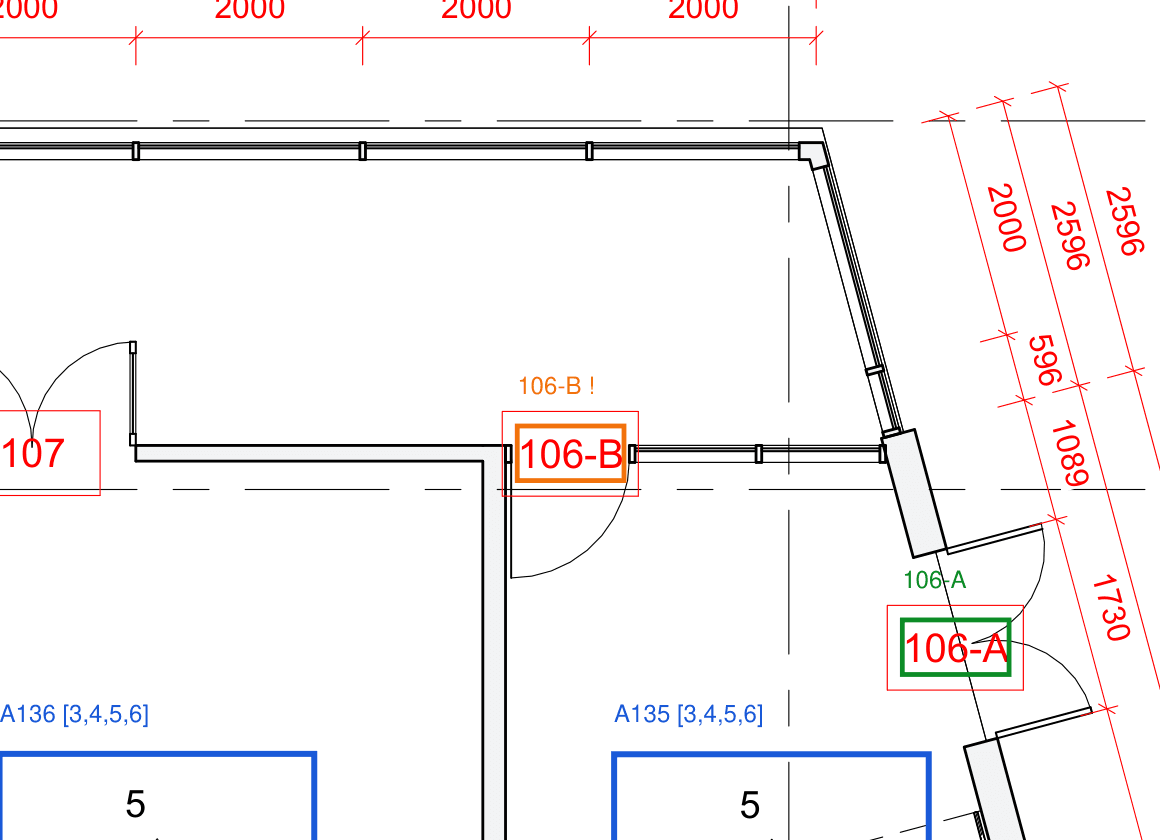 Sheet A101 floor plan: door tag 106-B boxed orange because no door schedule row matches it, and 106-A boxed green because it matches